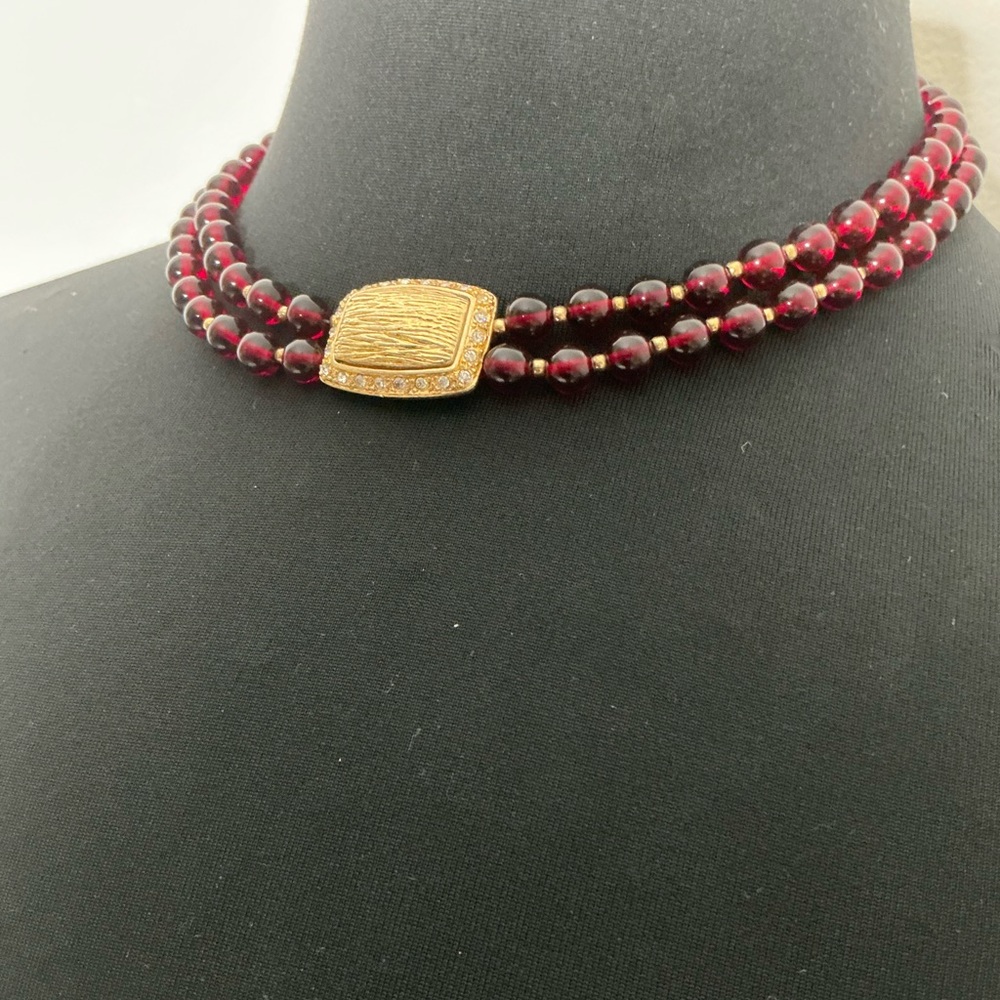 Elegant Double-Strand Red Beaded Necklace with Gold Clasp